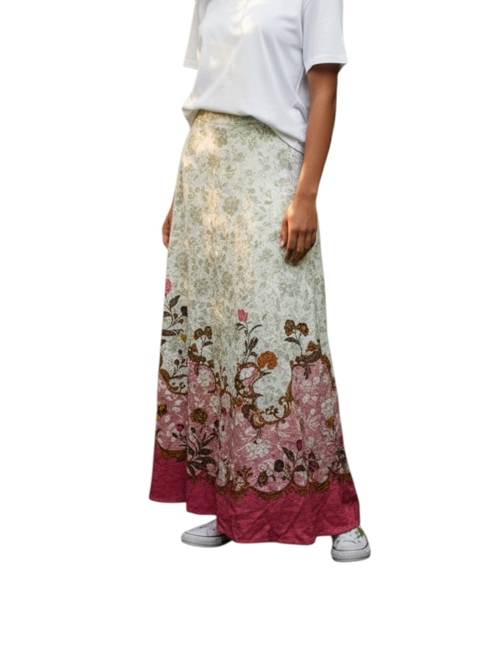 Rachel Zoe Floral Border Ombre Linen Blend Maxi Skirt Cream and Rosewood Size M